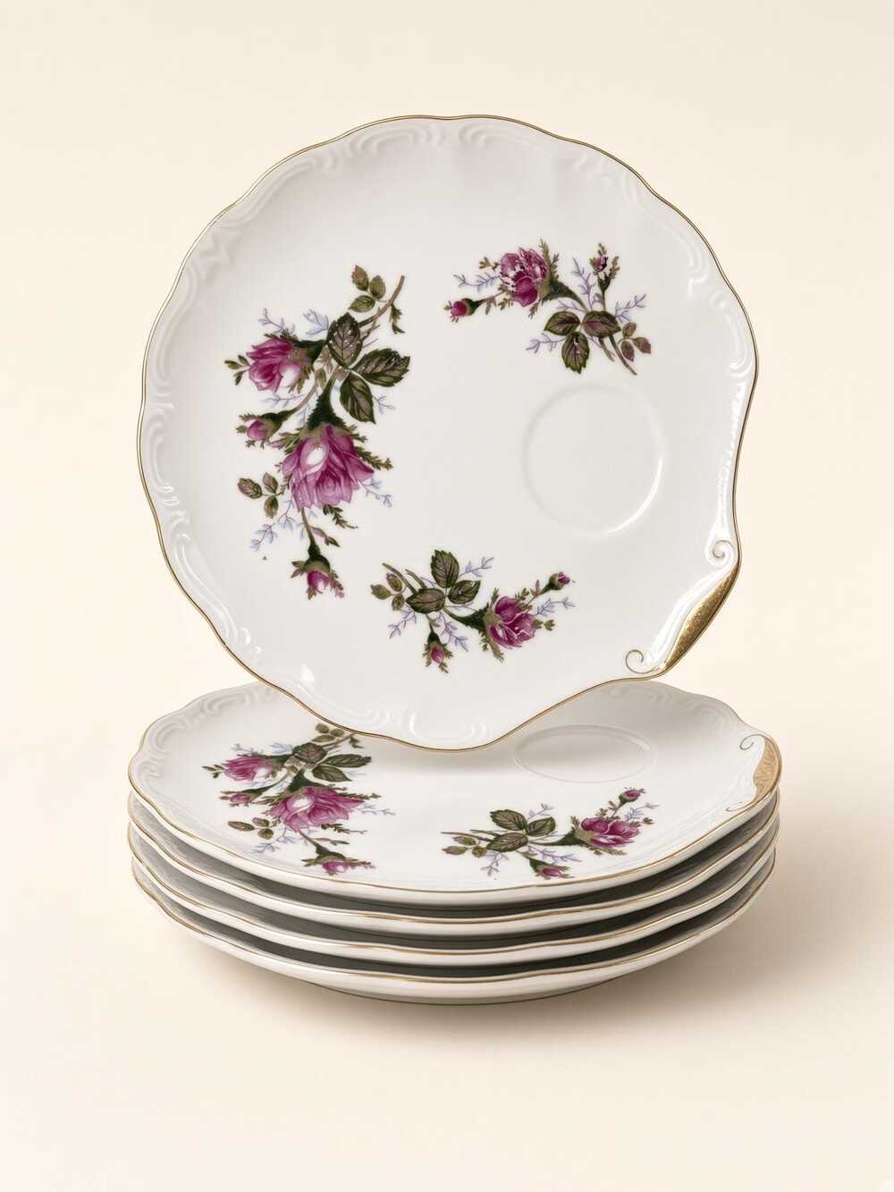 Napco Hand Painted Rose Plates Gold Rim IVD 236 China Snack Set of Four